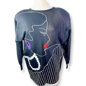 Vintage Deadstock 1980's Bold Female Profile Graphic Pullover W/ Shoulder Pads